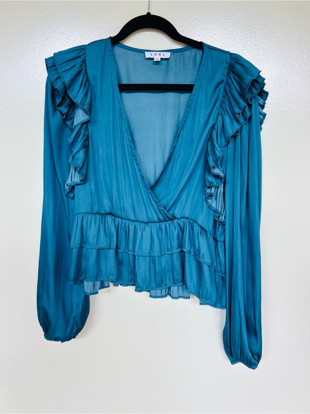 THML Teal Ruffle V-Neck Long Sleeve Blouse